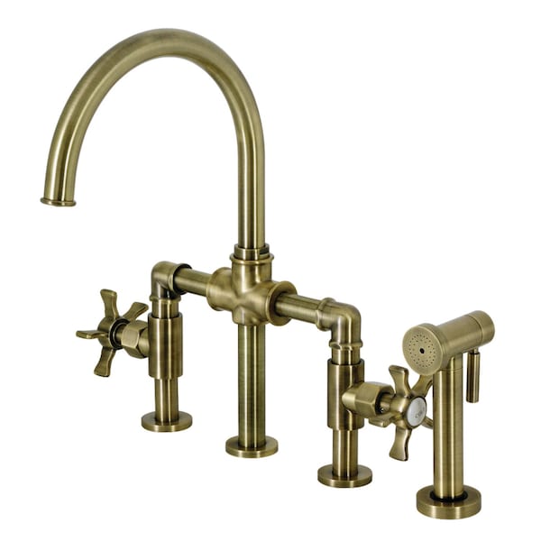 Kingston Brass KS2333NX Industrial Style Bridge Kitchen Faucet with Brass Sprayer, Antique Brass KS2333NX - main